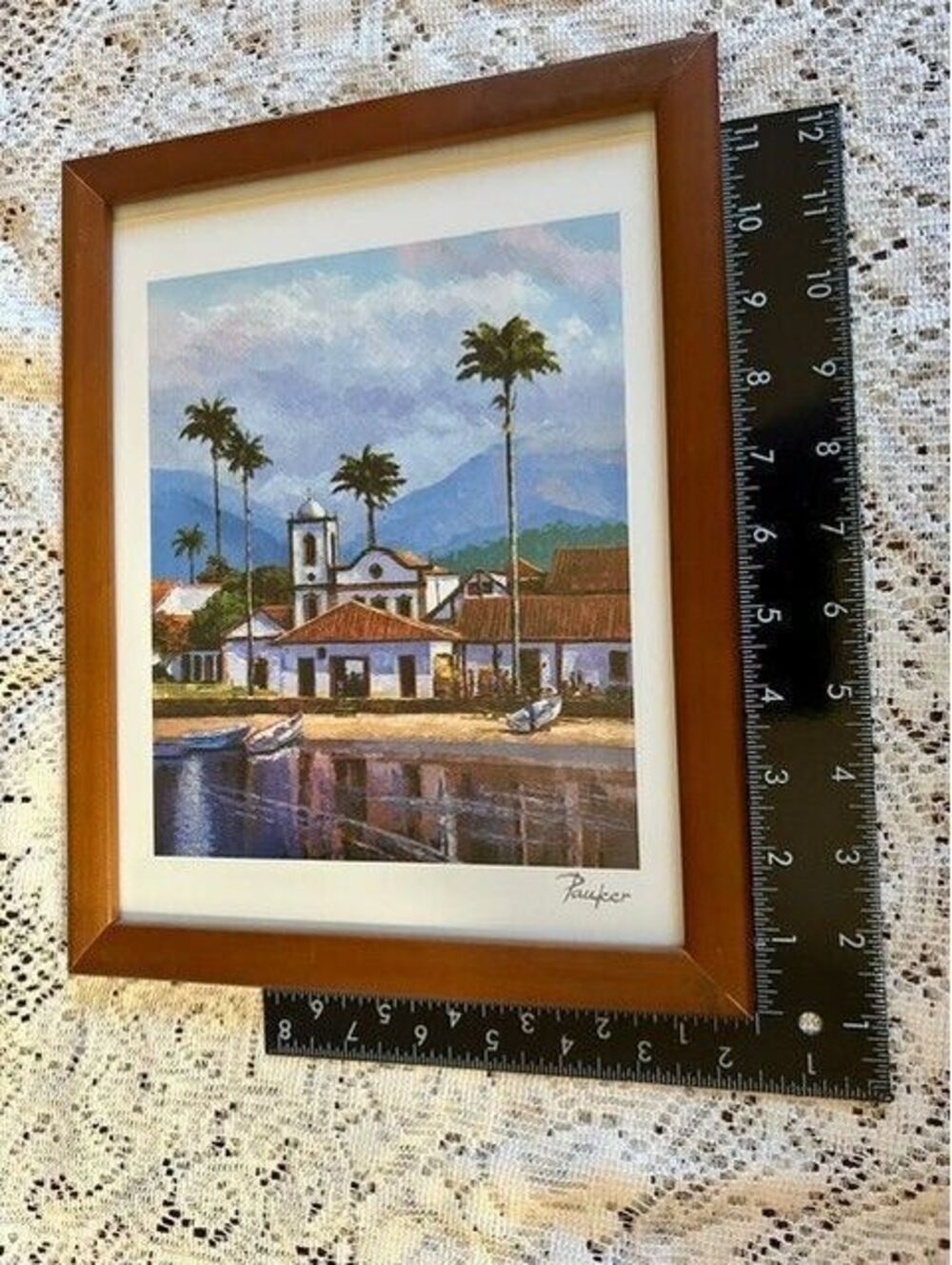 Framed Landscape Print with Palm Trees Coastal Village Scene Signed Pauker